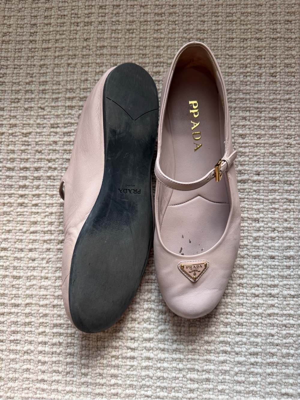 Prada Nude Pink Nappa Leather Mary Jane Ballerinas with Gold Logo - Picture 2 of 4